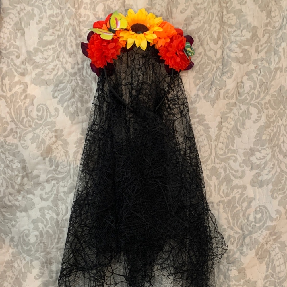 Black Lace Veil with Floral Headband